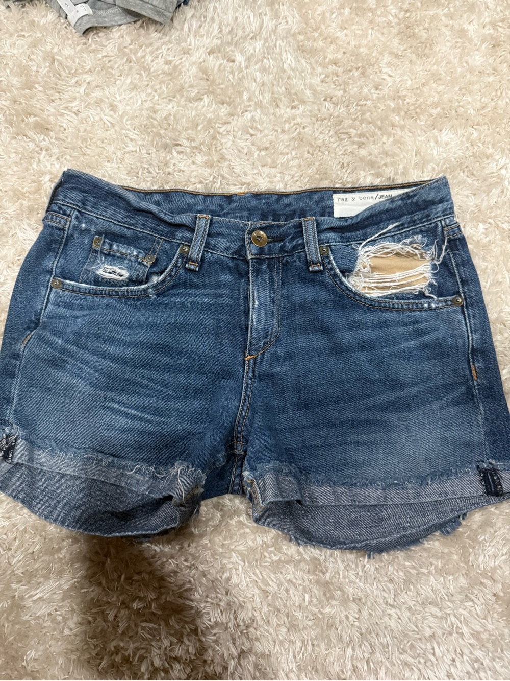rag & bone distressed dark blue denim shorts